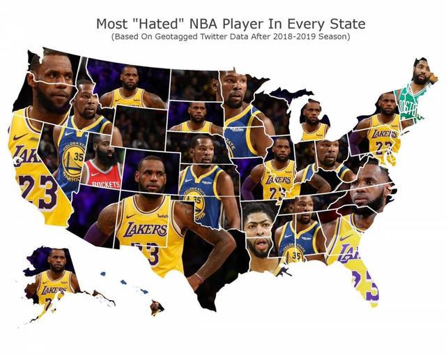 全美最不受欢迎球员是谁？杜兰特17州排第二，詹皇25州高居第一(1)