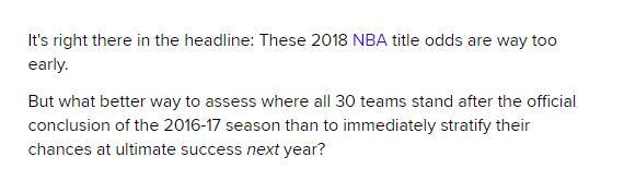 预估2018nba总冠军 美媒预测2018年NBA总冠军赔率(2)