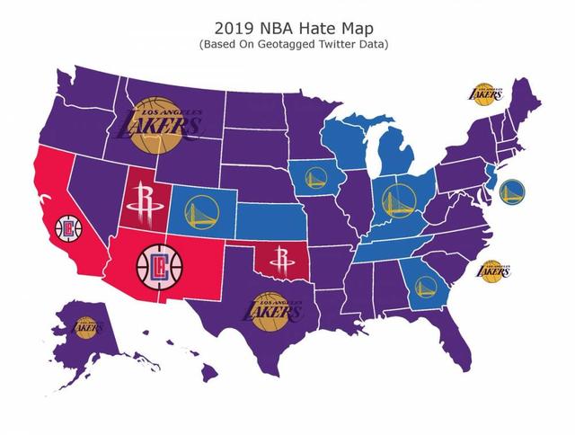 美国各州的nba球队 2019美国各州最讨厌球队地图(1)