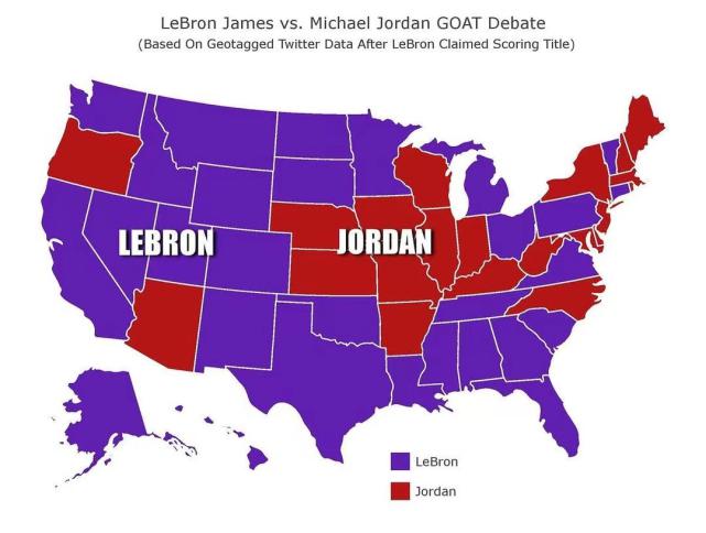 球迷讨论NBA历史最佳，全美29州支持詹姆斯，21州支持乔丹(1)