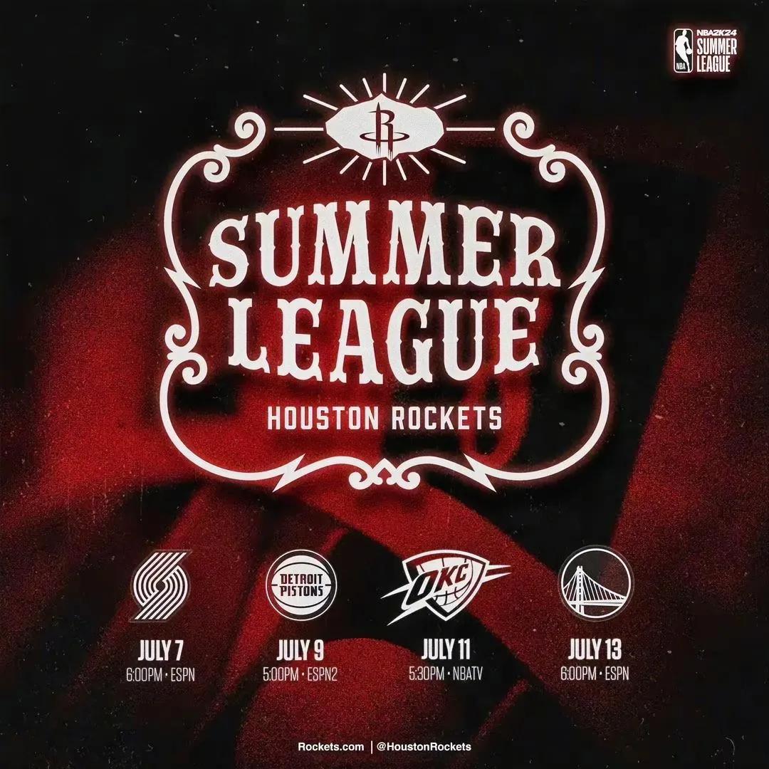 火箭拉斯维加斯夏季联赛赛程公布：
7月8日 vs 开拓者(去年冠军)
阿门-汤普(1)
