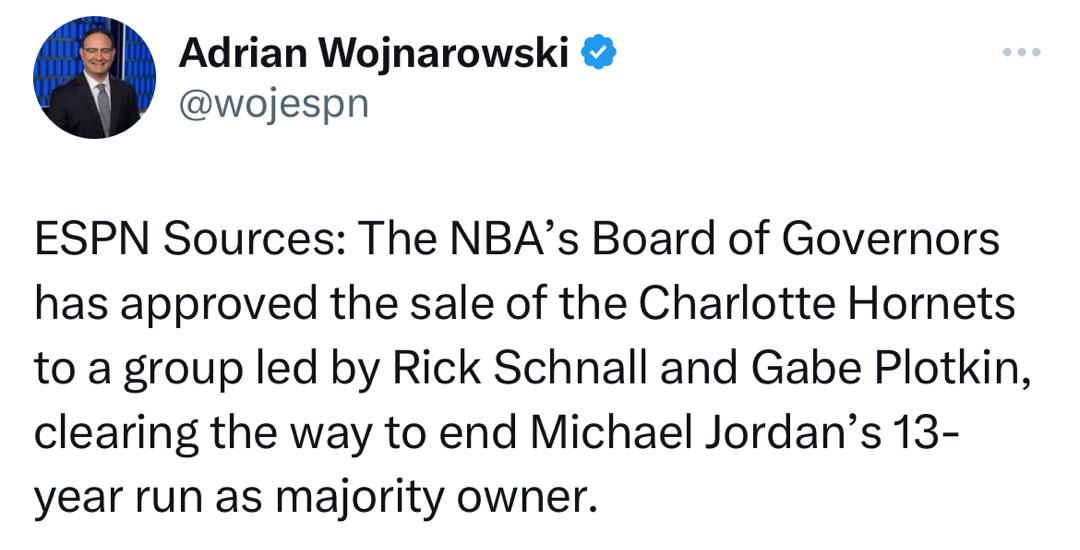 Woj：NBA 董事会已批准将夏洛特黄蜂队出售给里克·施纳尔和加布·普洛特金领导(1)