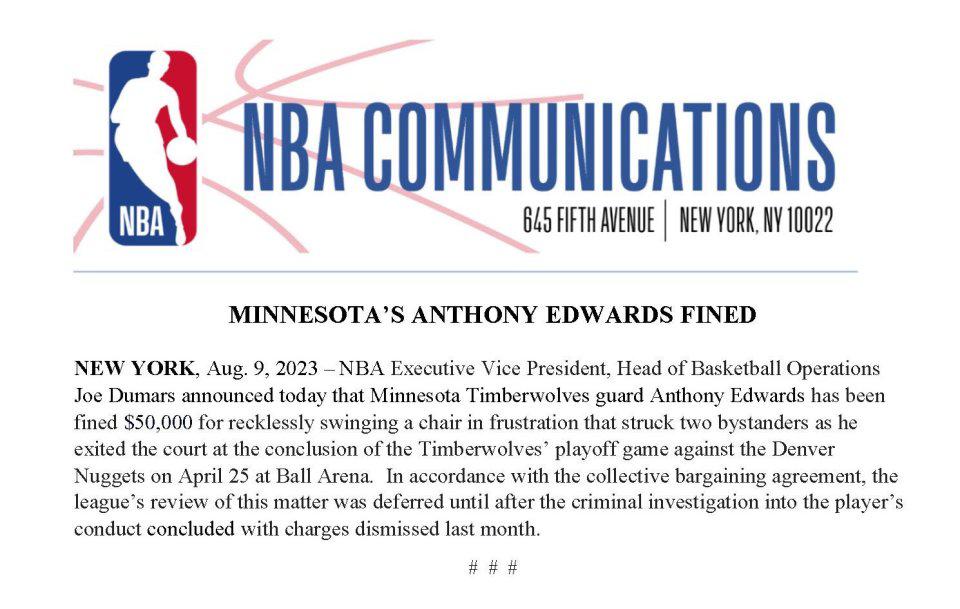 NBA官宣罚单：爱德华兹甩椅子撞到现场人员 被罚款5万美元(2)
