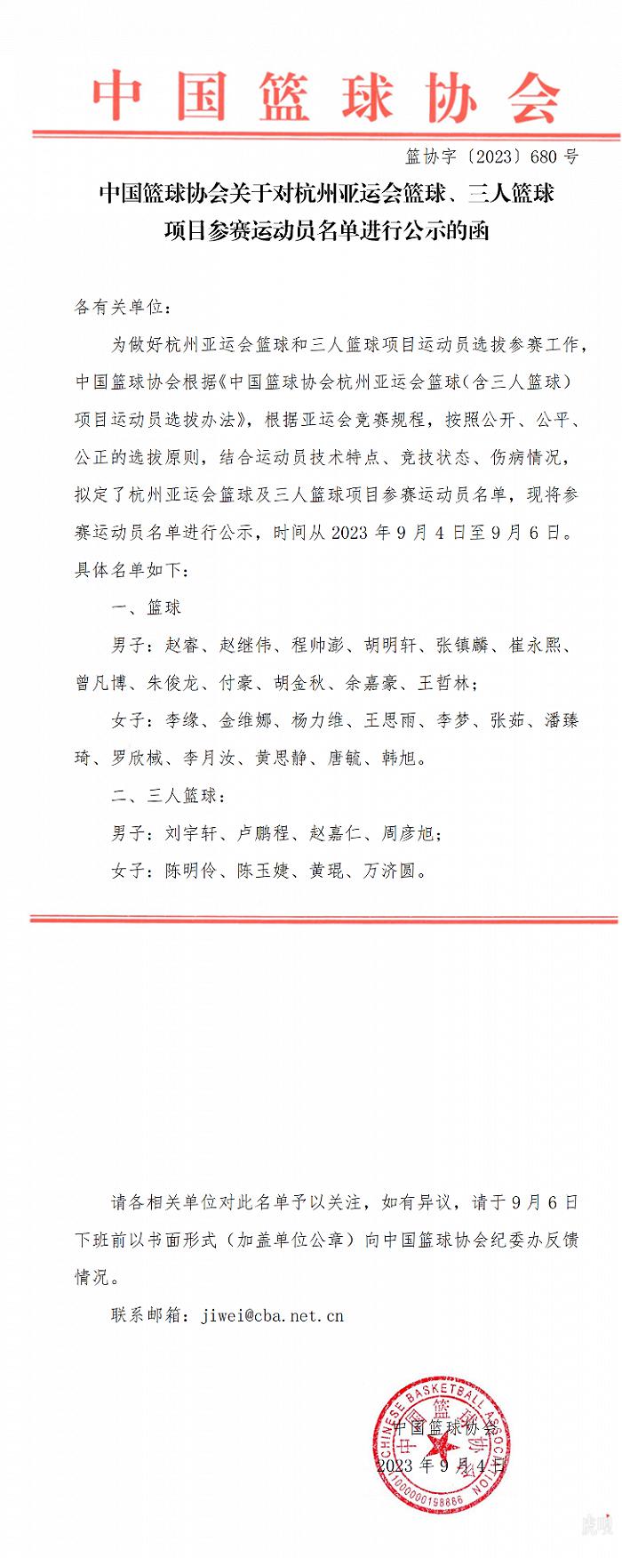 中国篮协公示杭州亚运会篮球项目参赛运动员名单(1)