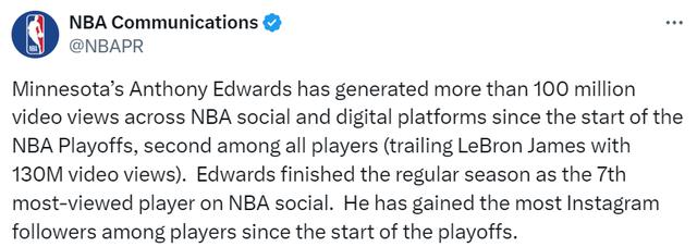 NBA新门面！爱德华兹季后赛视频浏览量破亿：联盟第二仅次于詹姆斯(2)
