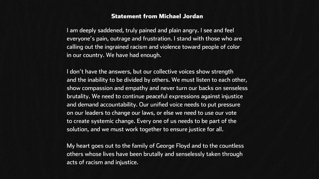 我们受够了！乔丹发表声明谴责种族主义：和平对抗不公并要求问责(2)