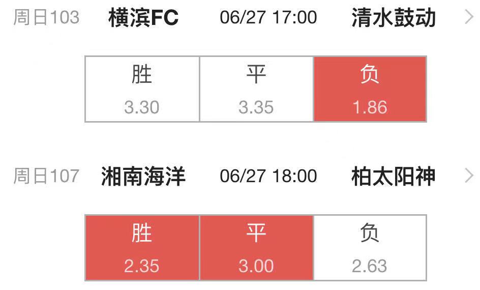 6.27周日足球赛事《横滨FCVS清水鼓动+湘南海洋VS柏太阳神》(1)