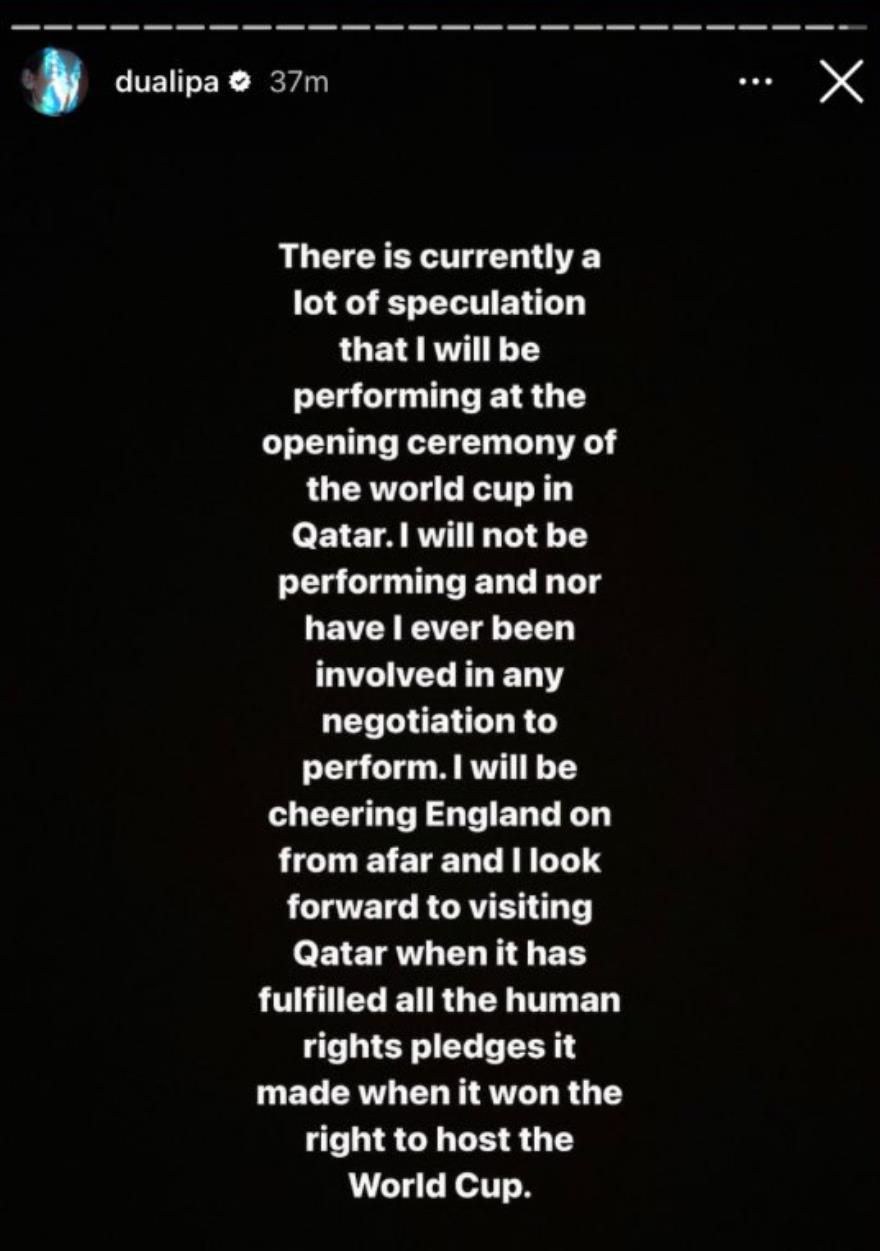 Dua Lipa 拒绝为卡塔尔世界杯表演，称卡塔尔没有人权(3)