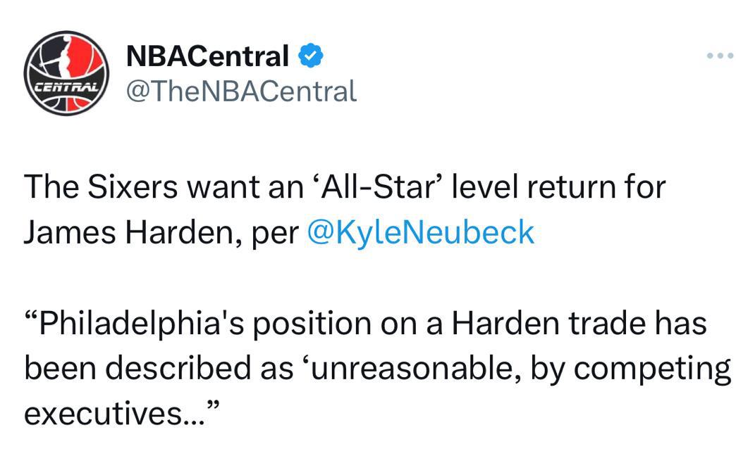 根据费城记者kyleneubeck的说法，76人希望交易出哈登获得全明星级别的球(1)