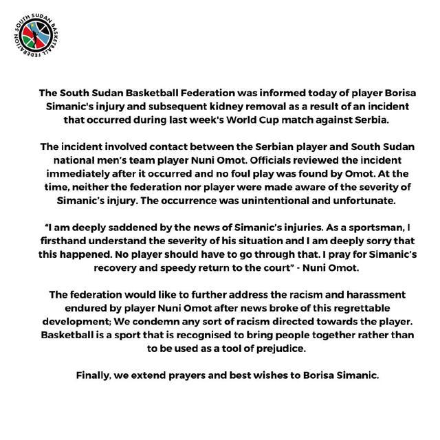 南苏丹篮联发声明回应肘击事件：我们谴责对奥莫特的歧视和攻击(2)