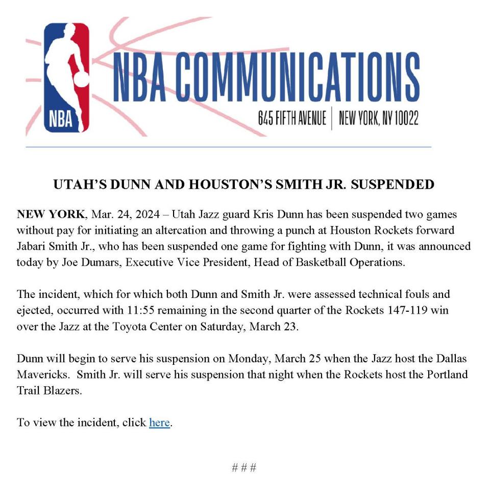 NBA官宣火箭爵士冲突罚单：邓恩停薪禁赛两场 史密斯停薪禁赛一场(2)