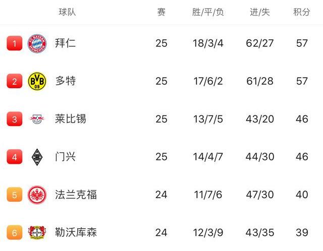 拜仁德甲联赛排名2007 德甲联赛最新积分榜排名(2)