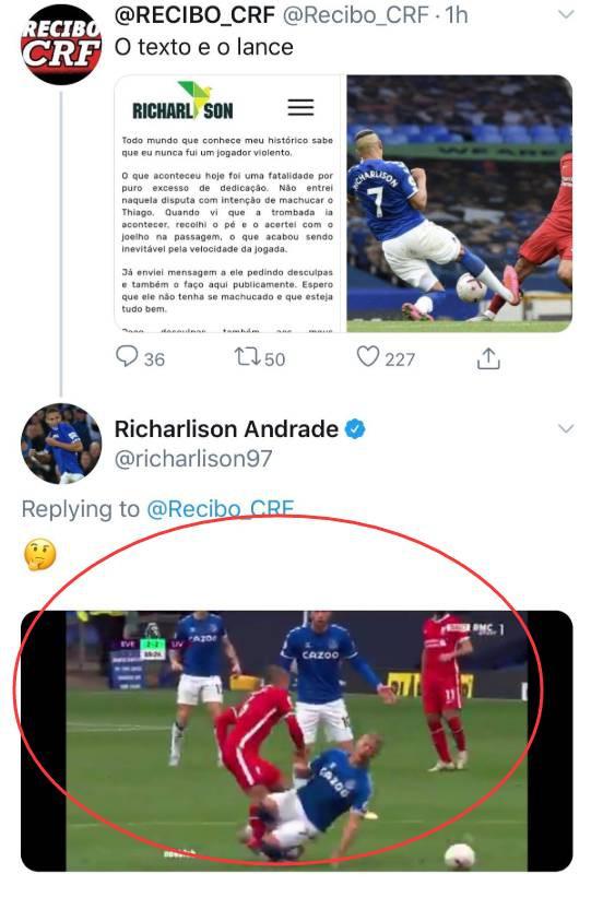 理查利森向蒂亚戈致歉, 随后发布争议推特惹怒利物浦球迷(2)