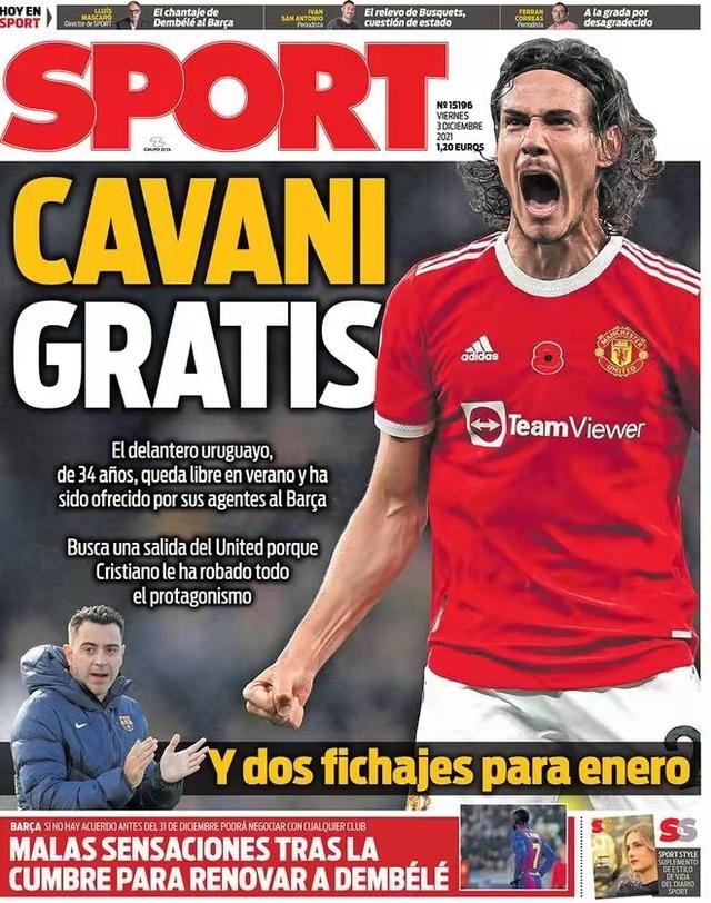 西媒头版：巴萨有意免签卡瓦尼 乌拉圭中锋可以丰富哈维的战术(1)