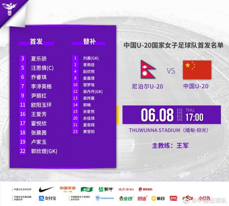 U20女足亚预赛-中国vs尼泊尔首发：欧阳玉环领衔，汪思倩任队长(1)