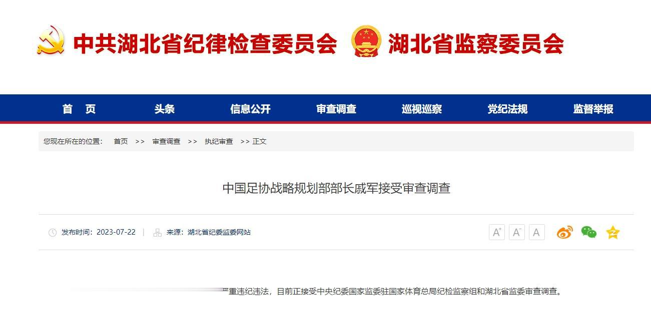 官方：中国足协战略规划部部长戚军接受审查调查(1)