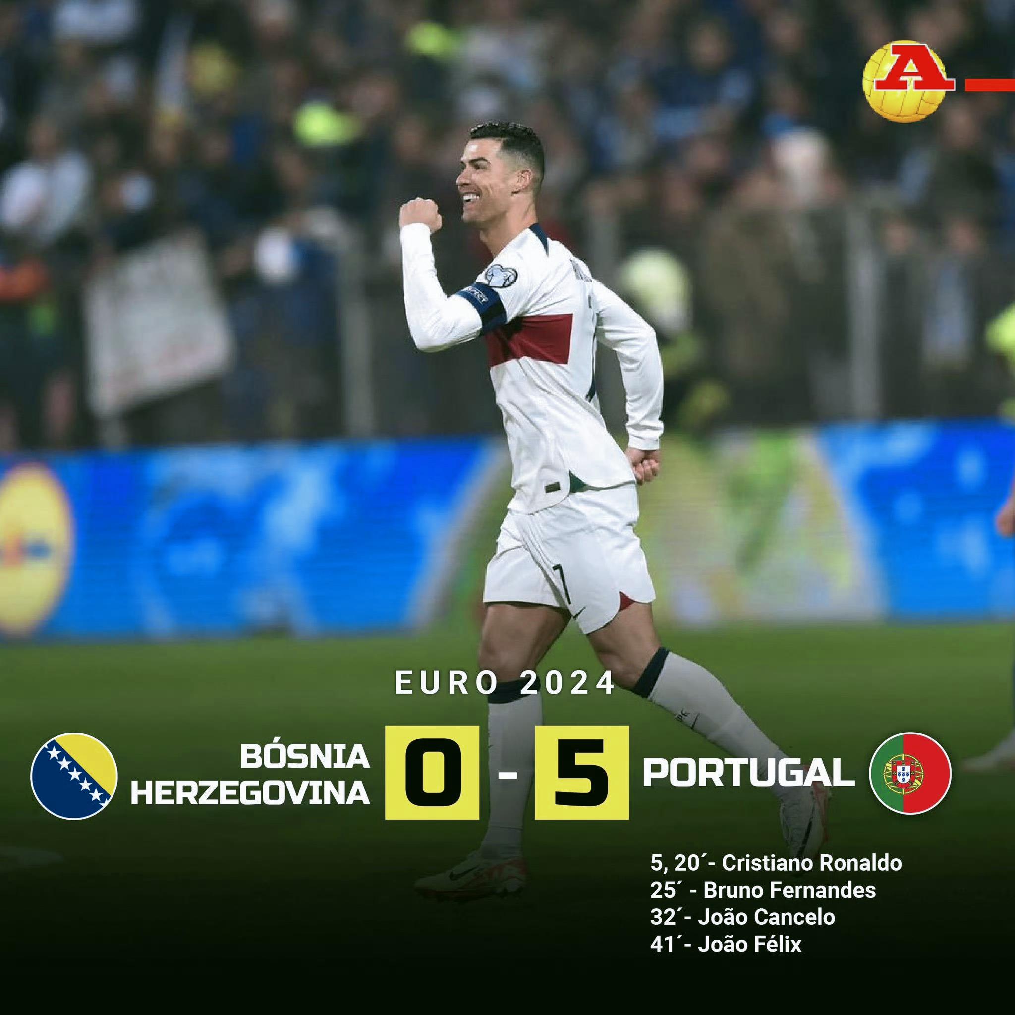 欧预赛-葡萄牙5：0波黑，C罗梅开二度，B费传射，葡萄牙太强大(3)