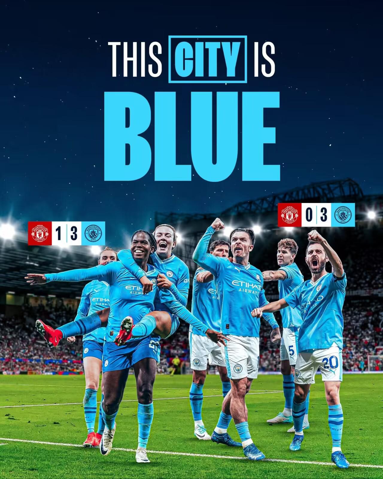 曼彻斯特是蓝色的曼城男女足均取得曼市德比胜利(1)