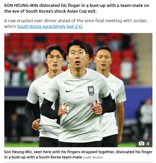 内讧？太阳报：韩国亚洲杯出局前，孙兴慜与队友冲突手指脱臼(1)